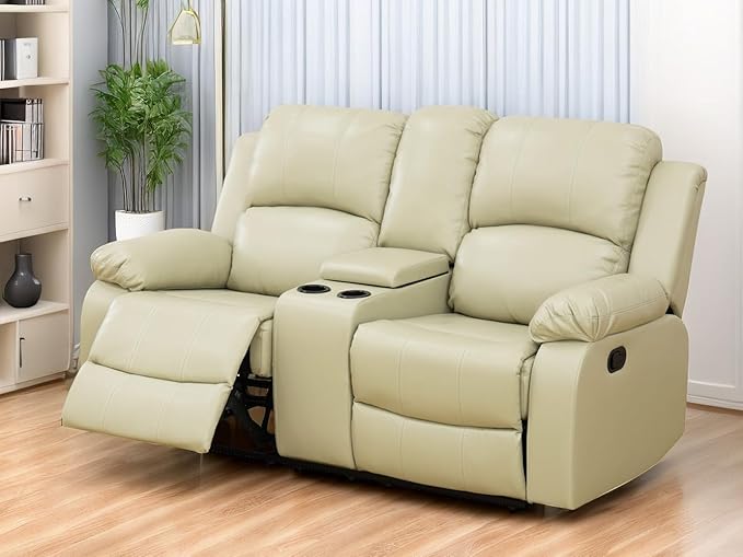 2 Seater Recliner Loveseat Manual Recliner Vegan Leather Reclining Sofa with Cup Holders & Middle Storage Console for Home Theater/Office/RV (Beige, Loveseat)