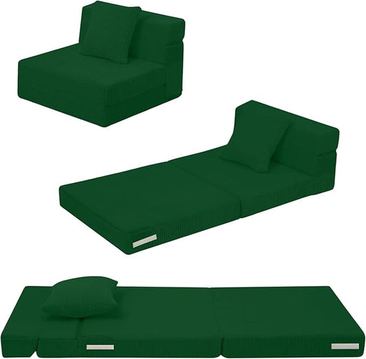 MeMoreCool Folding Sofa for Kids, Corduroy Fold Out Futon Chair, Small Foldable Floor Mattress, Portable Children Couch Sofa, Green