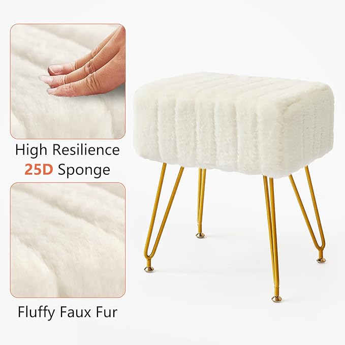 Rectangular Vanity Stool, Faux Fur Makeup Vanity Chair with Golden Metal Legs & Adjustable Feet, Soft Padded Seat Ottoman Foot Stool for Bedroom, Living Room