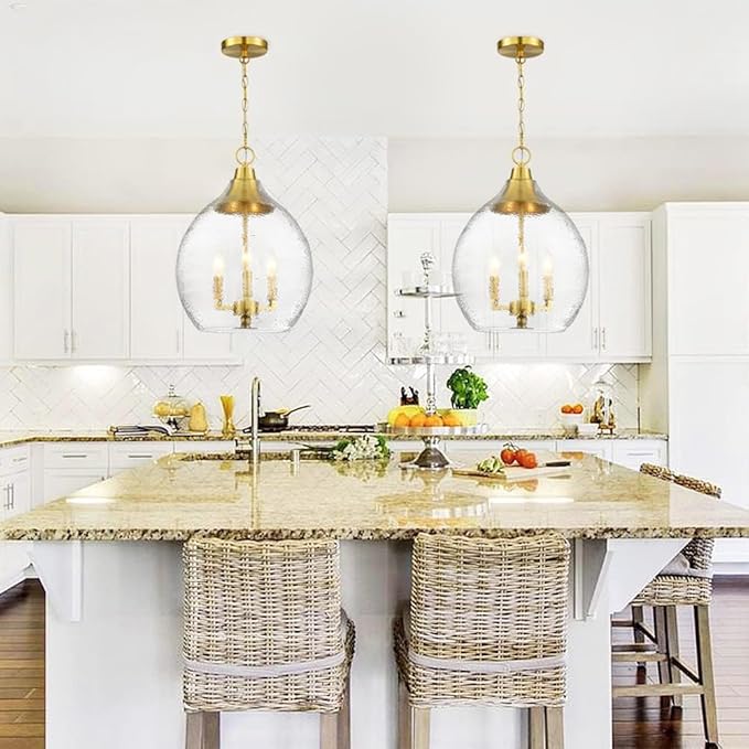 Untrammelife 3-Light Gold Pendant Light 13" Large Globe Pendant Light Fixture with Hand Blown Seeded Glass Shade Single Hanging Chandelier for Kitchen Island Sink