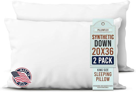 Pillowflex Synthetic Down Sleeping Pillows - King Size - Medium Firmness for Back, Side & Stomach Sleepers - Ideal for King, & California King Size Beds - Comfortable Pillow for Sleeping - 2 Pack