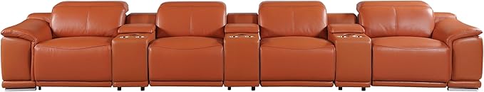 Blackjack Furniture Venice Top Grain Italian Leather Power Recline 7 Piece 4 Seater Sofa - 175" Theater Seating Modern Couch for Living Room Apartment with Adjustable Headrests & USB Port, Camel