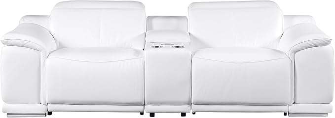 BlackJack Furniture Venice Top Grain Italian Leather Power Recline Loveseat Sofa - 93" Theater Seating Modern Couch for Living Room Apartment Lounge Home with Adjustable Headrests & USB Port, White