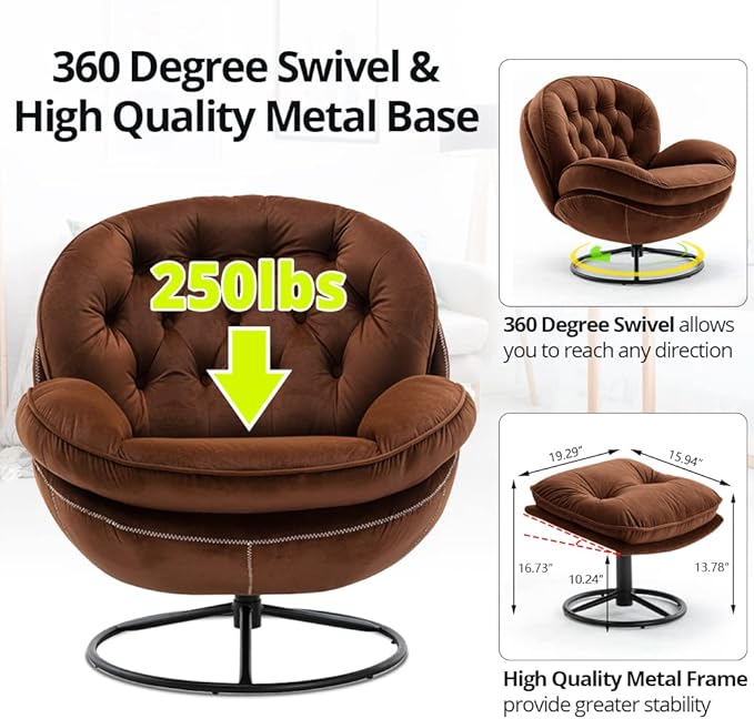 Velvet Swivel Accent Chair with Ottoman Set, Modern Lounge Chair with Metal Base Frame & Footrest, Comfortable Single Leisure Sofa Chair Reading Chair with 360 Degree Swiveling for Living Room, Brown