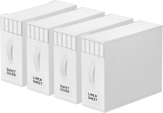 4 Pack Bed Sheet Closet Organizers and Storage,Sturdy Foldable Storage Containers with Window and Label,Storage and Organization for Bedding Sheets,Duvet Covers,Blankets (White)