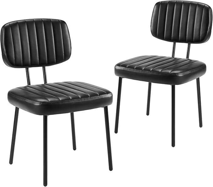 Sweetcrispy Dining Chairs Set of 2, Upholstered Mid Century Modern Kitchen Accent Chairs with Faux Leather Cushion Seat & Metal Legs for Home Office, Living Room - Black