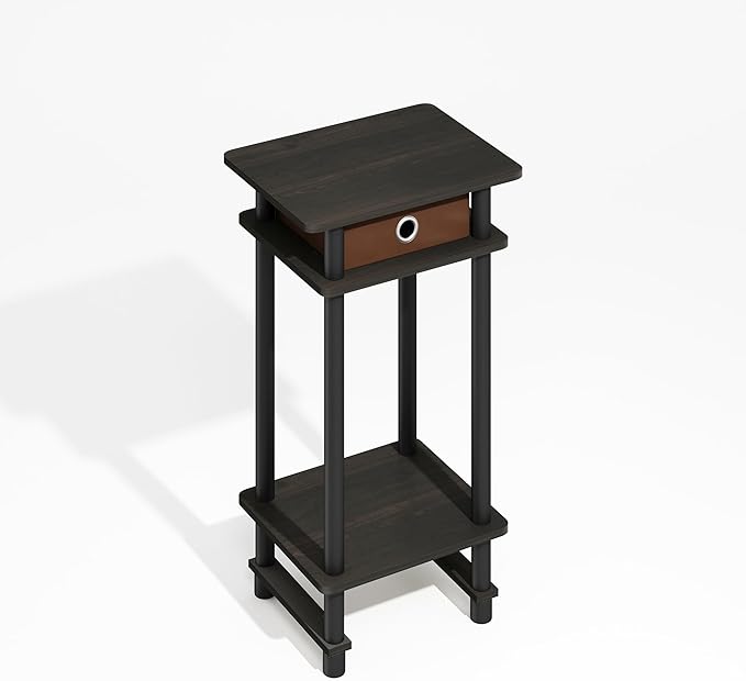 Furinno Turn-N-Tube Side Table, 3-Tier End Table with Storage Bin, Open Shelf Night Stand, Bedside Table, Toolless Assembly, for Living Room, Bedroom, Black Espresso