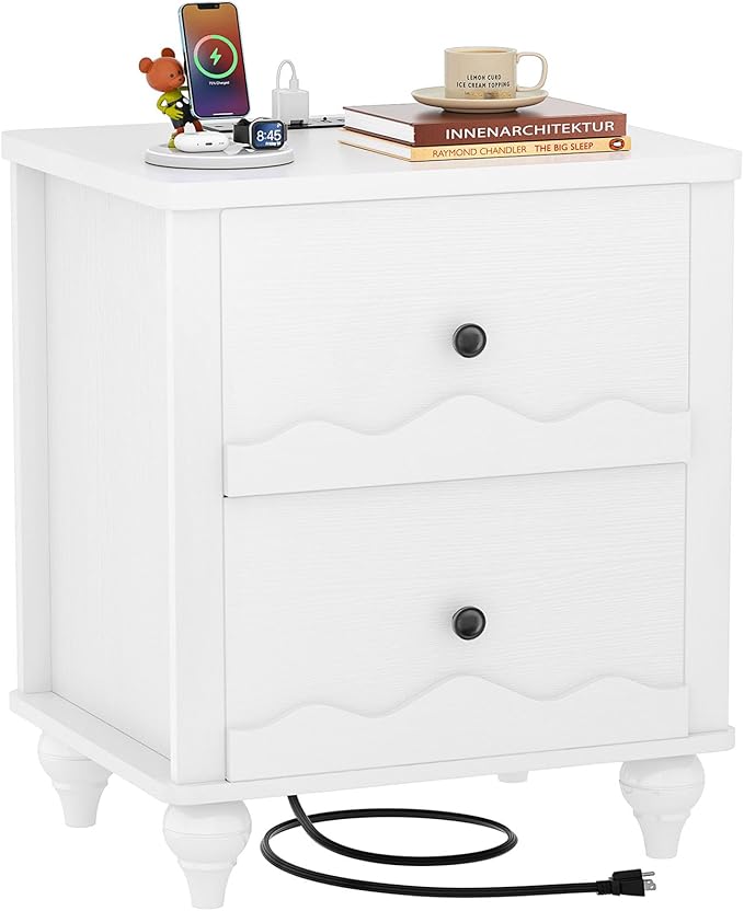 Cyclysio White Nightstand with Charging Station, Scalloped Bedside Table with 2 Smooth Drawers, Modern End Table with Solid Wood Legs for Bedroom and Small Spaces