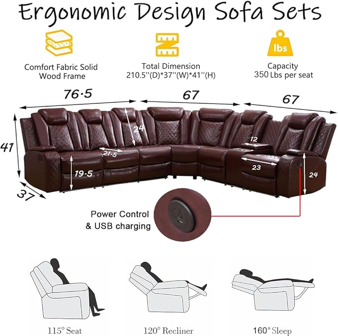 Power Reclining Sectional Sofa with LED, Leather Recliner Couch for Living Room/Home Theater, Sectional Reclining Couches with Wireless Charging/Hide-Away Storage