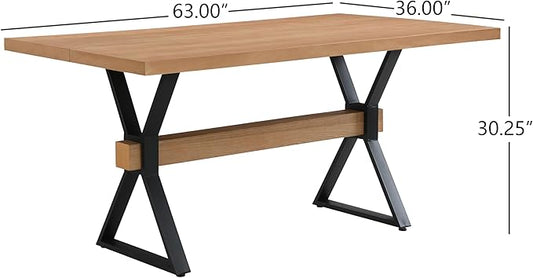 Christopher Knight Home Keyats 63 Inch Dining Table for 6 People, Modern Farmhouse Kitchen Table with X-Shaped Metal Legs, Rectangular Dinner Furniture for Dining Room, Home Office, Natural