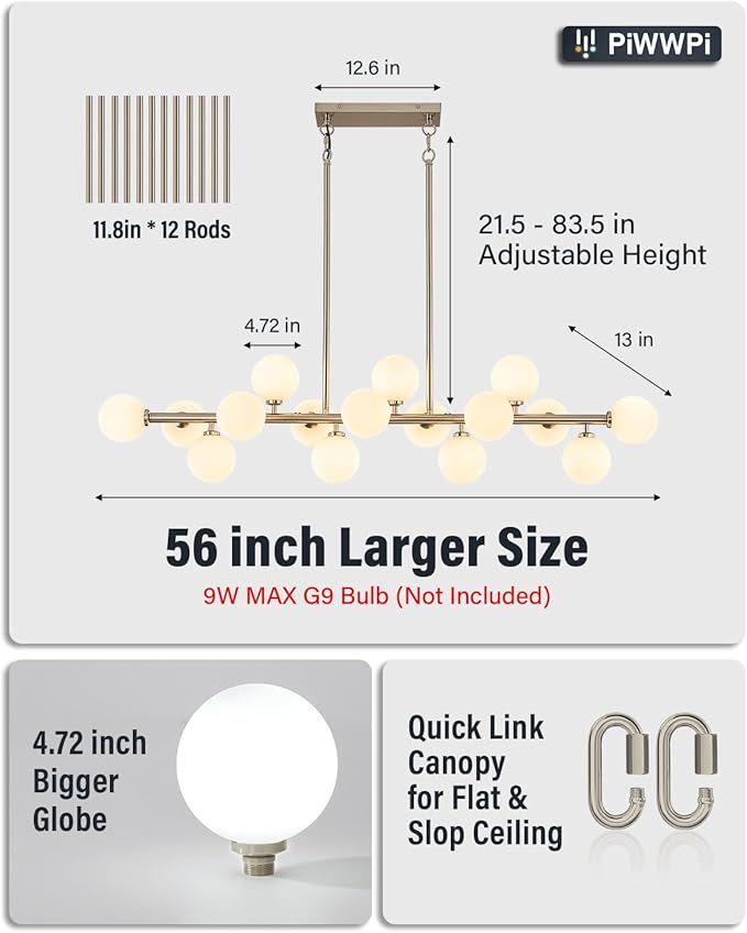 55" Long Chandeliers for Dining Room Kitchen Island, Large Globe Sputnik Linear Chandelier, 16 Lights Mid Century Modern Light Fixture Over Table,Nickel and Milk White Bubble, GC-08
