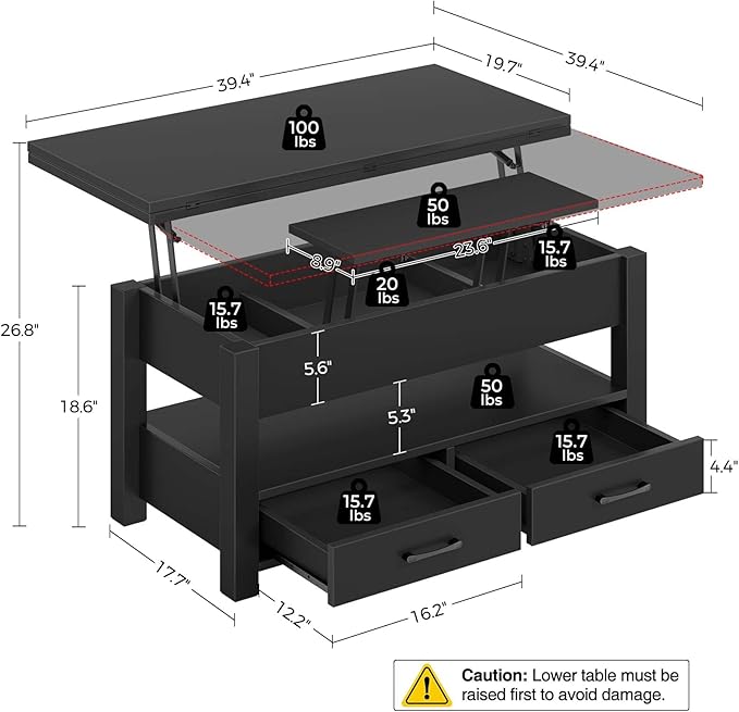 Rolanstar Coffee Table Lift Top, Multi-Function Convertible Coffee Table with Drawers and Hidden Compartment, Converts to Dining Table for Living Room, Home Office,Black