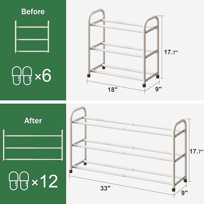 White Shoe Rack for Closet, 3-Tier Expandable Shoe Organizer for Closet, Metal Adjustable Black Shoe Shelf Storage Organizer, Free Standing Shoe Rack for Entryway Doorway
