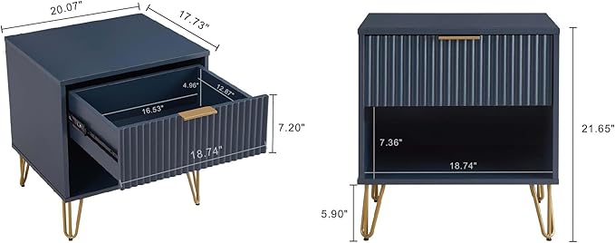Manhattan Comfort Dumbo Fluted Nightstand with Drawer and Open Shelf, Gold Hairpin Legs and Metal Handle, Snap Tool-Free Assembly, Modern Bedside Accent Table for Bedroom, Living Room in Midnight Blue