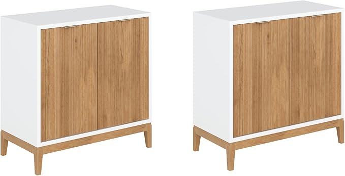 Nathan James Jasper Modern Sideboard, TV Stand with Fluted Doors, Accent Storage for Kitchen or Living Room, White/Warm Pine, Set of 2