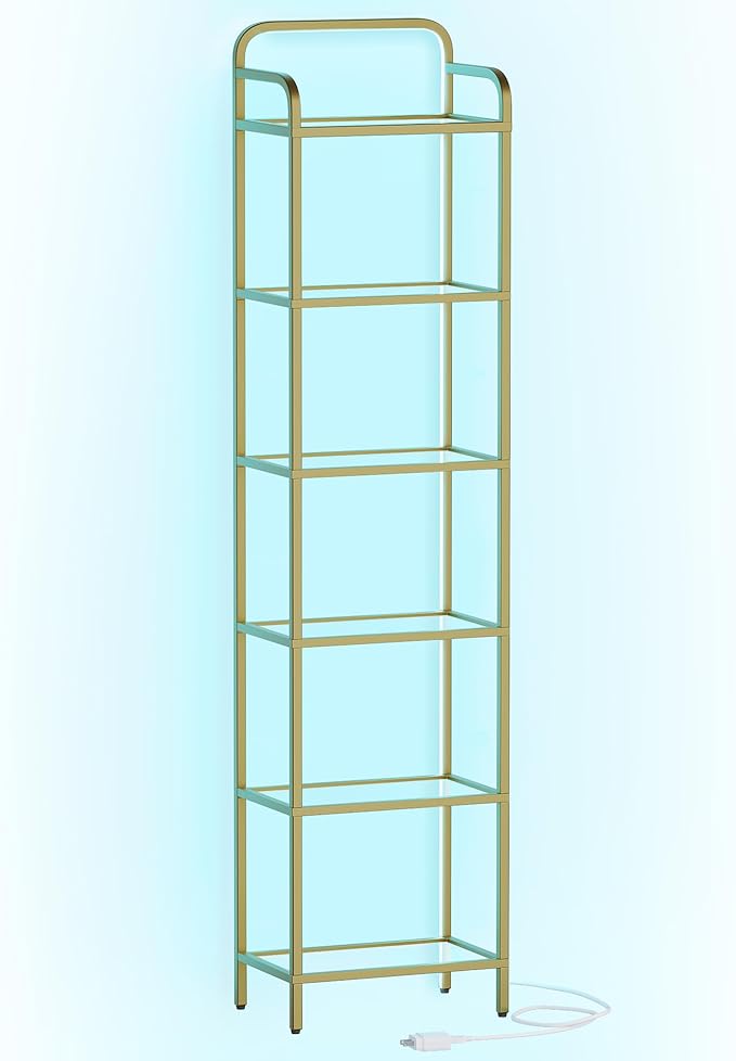 Bookshelf, Tall Narrow Bookcase with LED Lights, Tempered Glass Bookshelves with Steel Frame, Display Shelf, Slim Shelving Unit for Living Room, Bedroom, 9.6"D x 15.4"W x 66.5"H Gold BC34699G