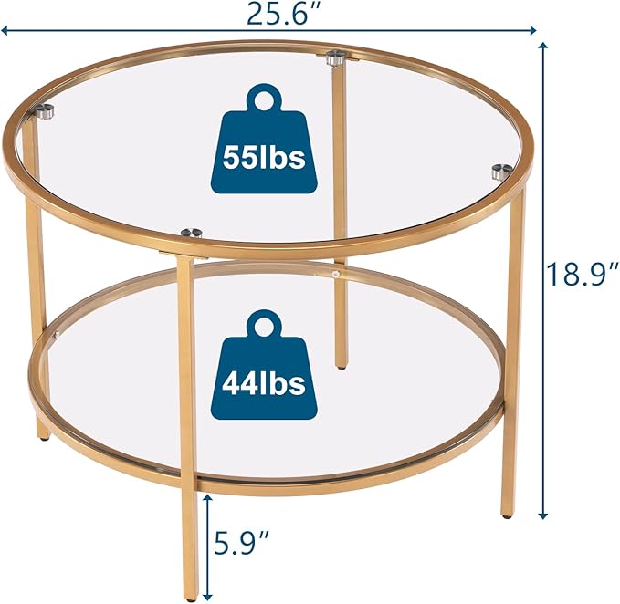 VINGLI 25.6" Round Gold Coffee Tables for Living Room, 2-Tier Glass Top Coffee Table with Storage Clear Coffee, Simple & Modern Center Table for Small Space