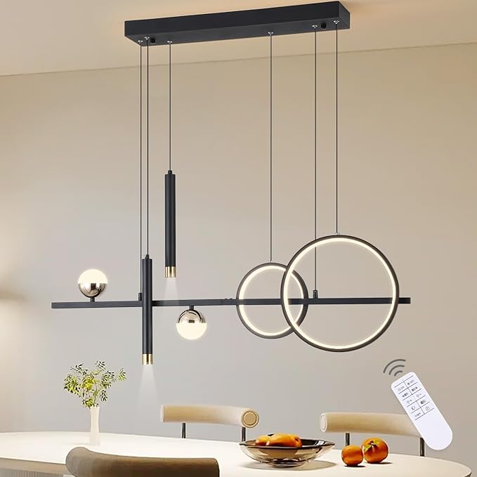 Modern LED Pendant Lights, Dimmable 39in Linear Wave LED Chandelier Lighting, Black & Gold Dining Room Hanging Light Fixtures Kitchen Island Globe Pendant Light for Dining Table (2704lm)