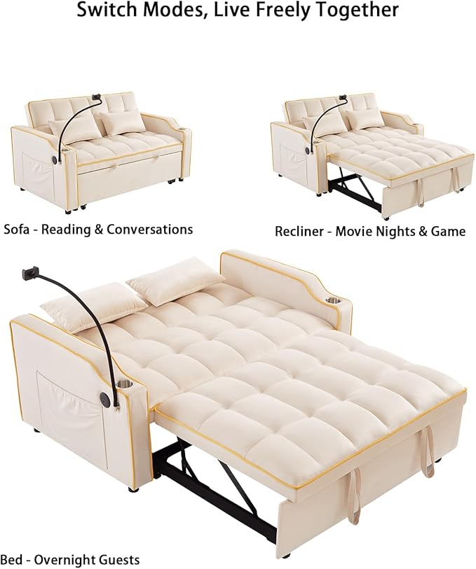 Convertible Sofa Bed, 3 in 1 Futon Sofa Bed with USB Charging Ports, Cup Holder, Phone Stand & Pocket, Modern Upholstered Sleeper Sofa for Living Room, Apartment or Small Space (Beige-L)
