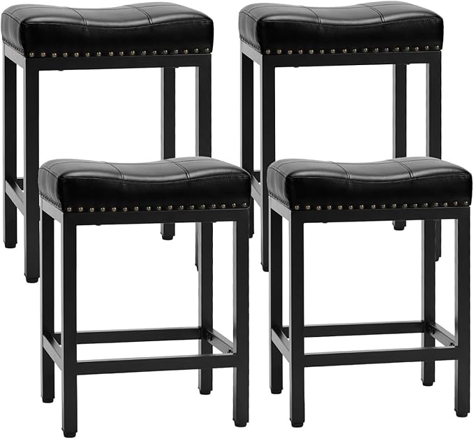Bar Stools Set of 4, Upholstered Counter Height Stools with Padded Seats and Metal Base, Leather Saddle Stool for Modern Kitchen Island, 22.4-Inch, Black