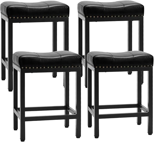 Bar Stools Set of 4, Upholstered Counter Height Stools with Padded Seats and Metal Base, Leather Saddle Stool for Modern Kitchen Island, 22.4-Inch, Black
