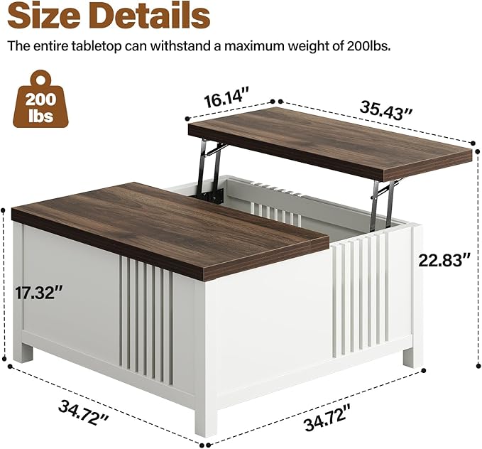 Farmhouse Lift Top Coffee Table with Storage, 35" Square Large Coffee Table with Hidden Compartment, Rustic Wood Center Table for Living Room, White