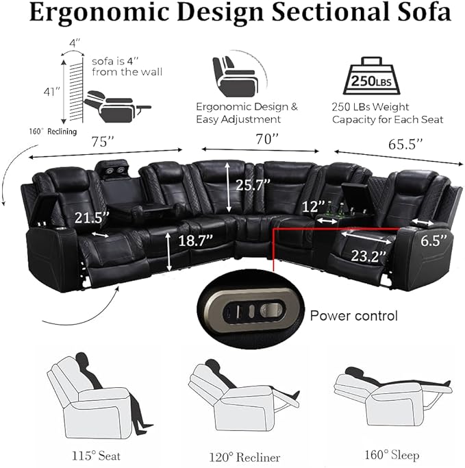 Power Reclining Sofa Set with LED Light, Living Room Furiture Set,Leather Reclining Sectional Couch with USB Port/Cup Holder for Living Room Home Office