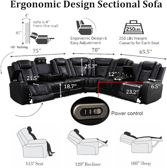 Power Reclining Sofa Set with LED Light, Living Room Furiture Set,Leather Reclining Sectional Couch with USB Port/Cup Holder for Living Room Home Office