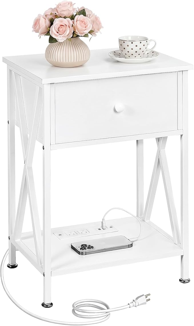 VECELO End Table with Charging Station, Night Stand with Drawers, 2-Tier Bedside Tables with USB Ports & Outlets, Side Table with Storage Shelf for Living Room/Bedroom, White