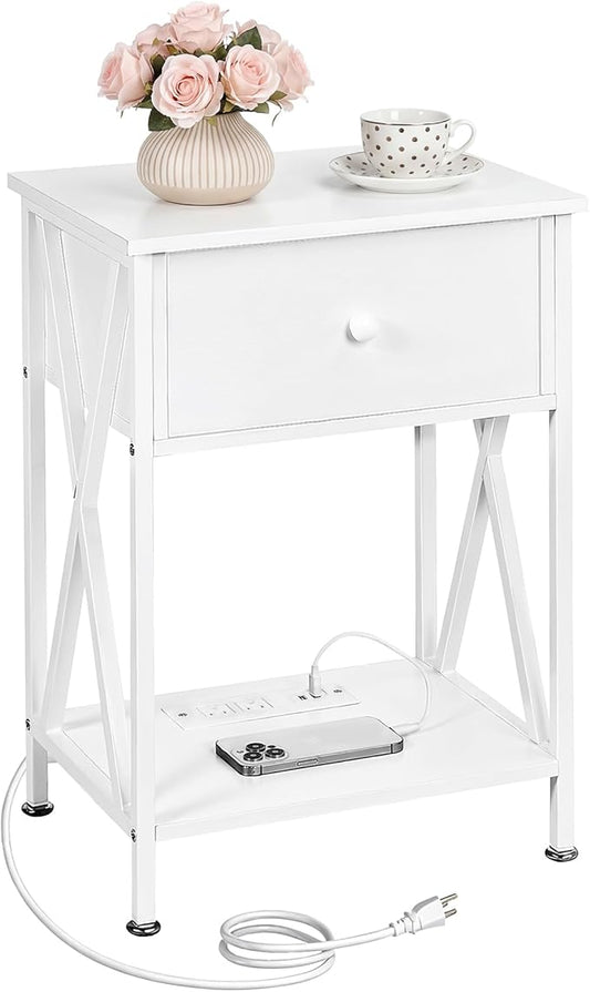 VECELO End Table with Charging Station, Night Stand with Drawers, 2-Tier Bedside Tables with USB Ports & Outlets, Side Table with Storage Shelf for Living Room/Bedroom, White