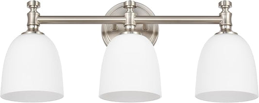 Bathroom Vanity Light, 3-Light Bathroom Light Fixtures Over Mirror, Traditional Vanity Lights for Living Room, Milk White Bell Glass Shades, Standard E26 Base, Brushed Nickel