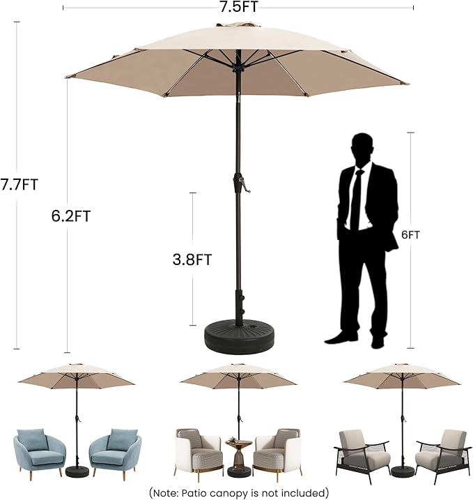 Ayge 7.5FT Large Outdoor Patio Umbrella Market Table Umbrella-UV Resistant, Easy Push Button Tilt and Crank, 6 Sturdy Fiberglass Ribs Heavy-Duty Pool Umbrella for Deck, Backyard,Garden, Yard,Black