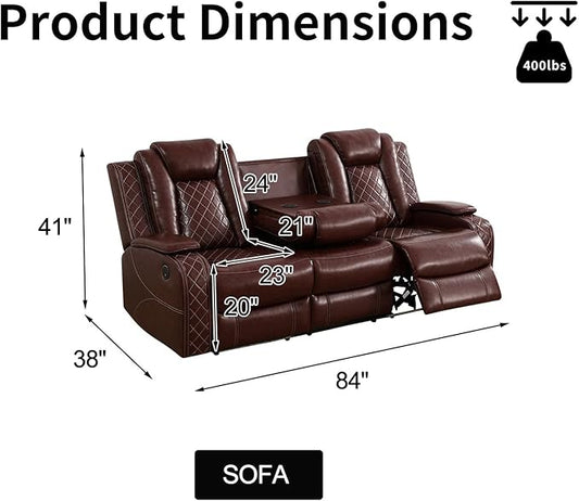 Power Leather Reclining Sofa with LED Light,Double Recliner Sofa with Drop Down Coffee Table/USB Port/Storage,3 Seater Leather Couch for Living Room Furniture Sets(3 Seats,Burgundy)