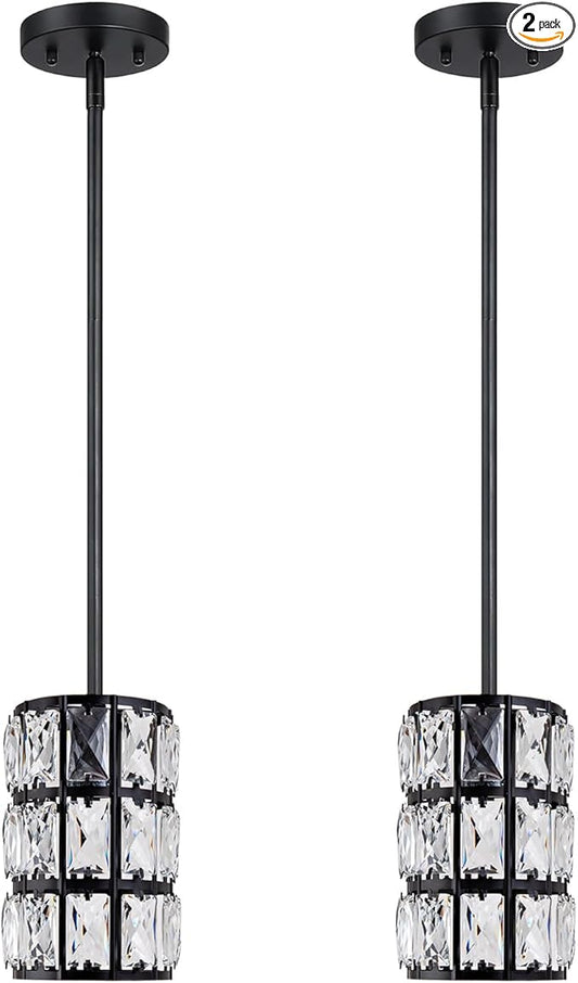 CALDION Black Crystal Pendant Light, 2Pack Modern Pendant Lights, Mini Crystal Chandelier Adjustable Hanging Ceiling Light Fixtures for Kitchen Island Dining Room Bedroom Hallway Bar Entryway