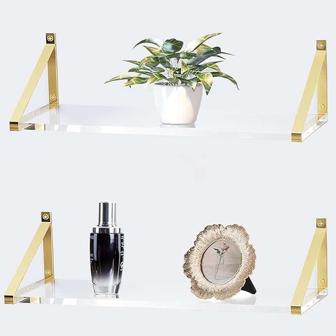 Sturdy Large 25×5.9 inch Thicker 2/5"(10mm) Crystal-Clear Acrylic Gold Shelves for Wall,Gold Floating Shelves,Clear Shelves for Wall Décor, Bathroom,Bedroom Pack of 2