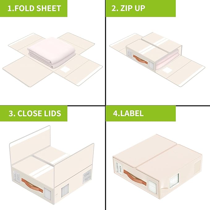 Aokeyee Bed Sheet Organizers and Storage - 6 Pack (Queen or King Size),Foldable Storage Box for Duvet Cover Set, Linen Closet Organizer for Bedding Clothes Blankets, Ivory