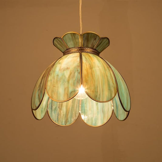Brass Glass Ceiling Pendant Light, Hanging Chain lamp, with Vintage Lotus Flower Glass Shade for Kitchen Island Dining Room Bedroom Living Room-12 Stained Glass Shade