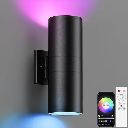 SHIMR Modern Outdoor Wall Lights Color Changing, RGBCW Smart Outdoor Lights Ambiance Sconce with Remote Control, Black Aluminum Exterior Lighting Fixtures Up and Down Lights [ETL Listed]