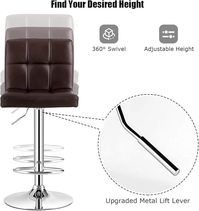 COSTWAY Adjustable Bar Stools Set of 2, Modern Swivel PU Leather Bar Chair with Backrest, Soft Cushioned Seat, Footrest, Sturdy Metal Frame, Comfortable Barstools for Kitchen Island, Pub, Brown