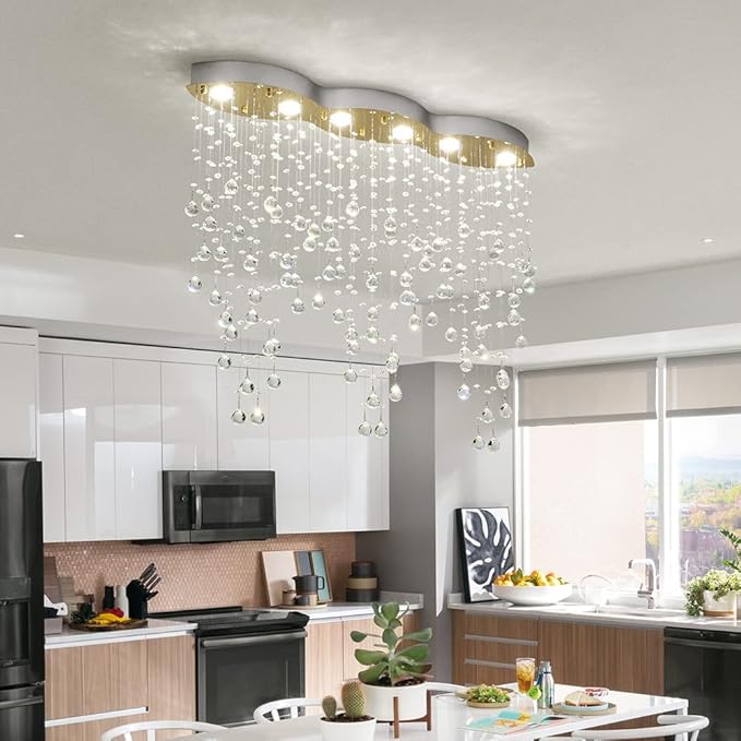 Saint Mossi 6 Light Modern Chandelier Crystal Chandelier Light Fixture,Modern Flush Mount Ceiling Light Fixtures Raindrop Chandelier Gold and Chrome Frame Chandlier Lamp,L39 x W8 x H31