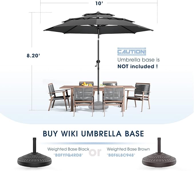wikiwiki 10ft 3-Tier Patio Umbrella Outdoor Table Market Umbrella for Patio with Push Button Tilt/Crank, Fade Resistant Waterproof POLYESTER Canopy for Garden, Lawn, Deck, Backyard & Pool, Dark Gray