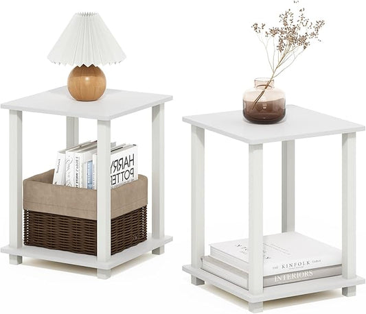 Furinno Simplistic Side Table Set of 2, 2-Tier Square Modern End Table, Nightstand, Night Stand, Bedside Table, Toolless Assembly, for Living Room, Bedroom, White