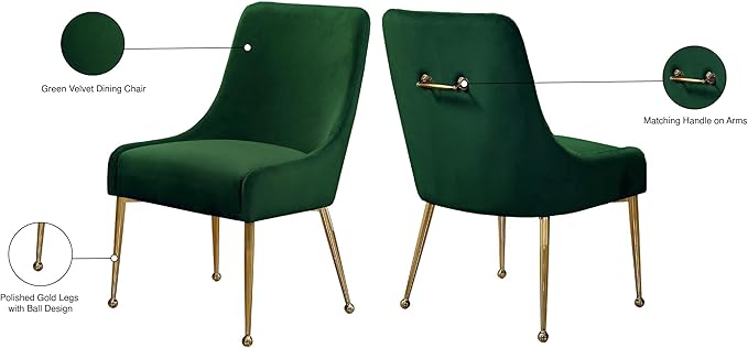 Meridian Furniture Owen Collection Modern | Contemporary Velvet Upholstered Dining Chair with Polished Gold Legs, Set of 2, 24" W x 21" D x 34.5" H, Green
