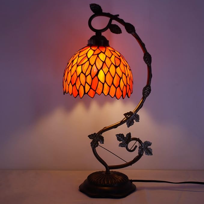 WERFACTORY Tiffany Lamp Red Wisteria Stained Glass Table Lamp, Metal Leaf Base 8X10X21 Inches Desk Reading Light Decor Small Space Bedroom Home Office S523R Series