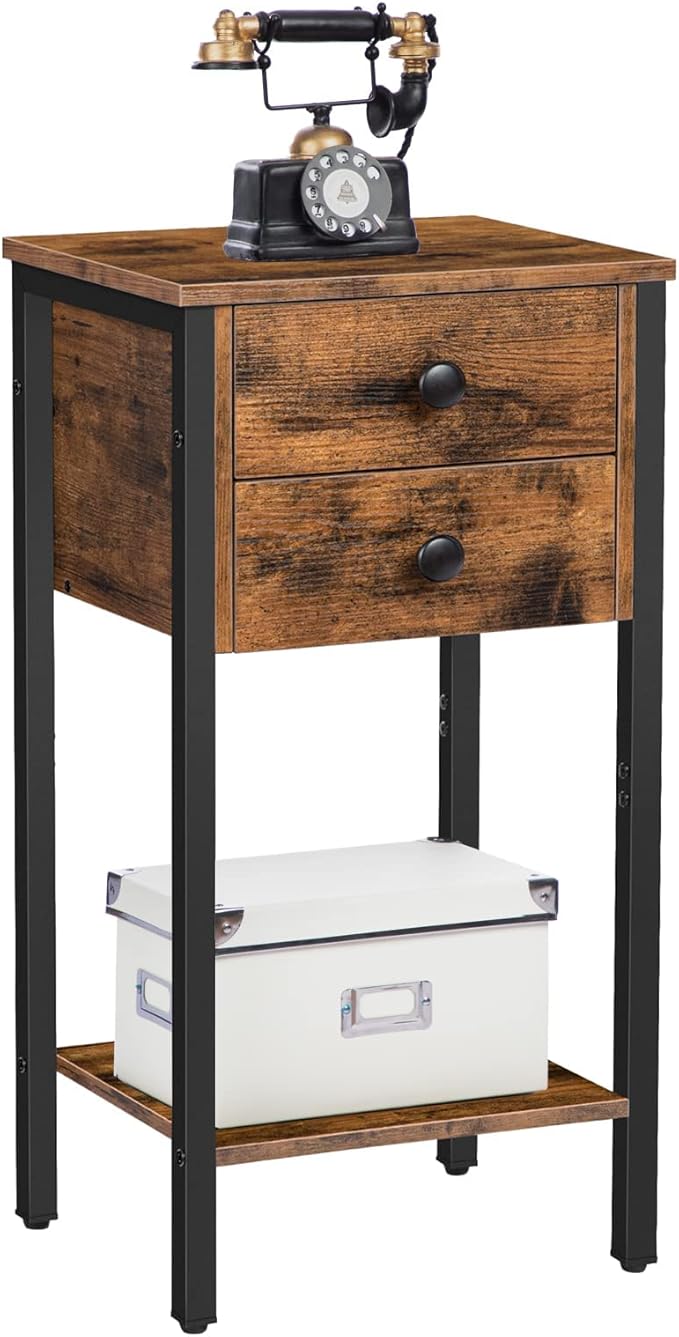 HOOBRO Tall Nightstand, End Table with 2 Drawers and Storage Shelf, Industrial Telephone Side Table for Study, Bedroom, Space Saving, Easy Assembly, Rustic Brown and Black BF72BZ01
