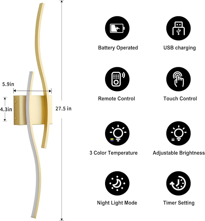 Battery Operated Wall Sconces Set of Two with Remote Control, Dimmable/3 Colors/Night-Light/Timer/Memory, Gold Modern Wireless LED Sconce for Living Room, Hallway, Bedroom, 27.5 Inch (2 Pack)