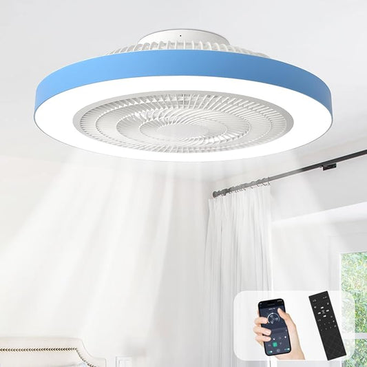 Depuley Modern Ceiling Fan with Light: 19" LED Flush Mount Low Profile Ceiling Fans with Remote & Smart APP Control - Blue Bladeless Fandelier Dimmable Quiet DC Motor for Bedroom Kids Room 6 Speeds
