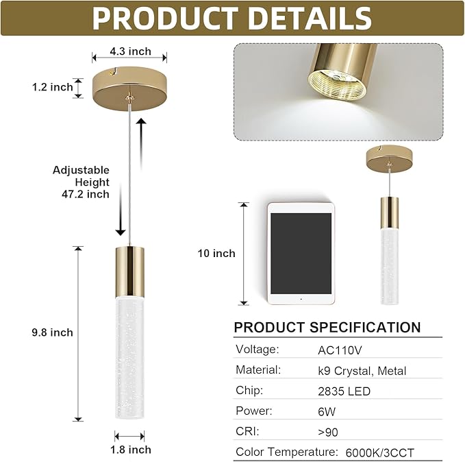 OKELI Modern Pendant Light, LED Bubble Crystal Kitchen Island Lights Fixtures,Mini Single Island Lights Pendant Lighting for Kitchen Island,Bar,6W,6000K,Gold