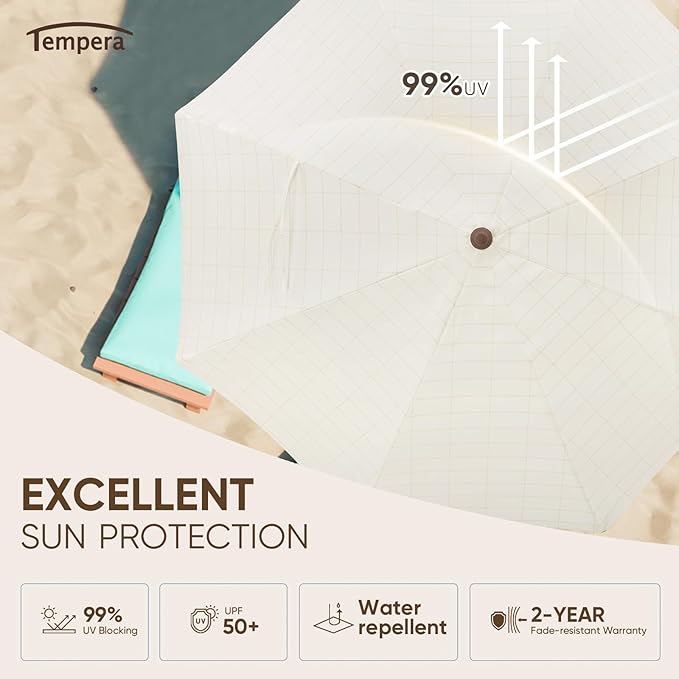 Tempera 7ft Outdoor Patio Umbrella with Carry Bag,Beach Umbrella with Fringe|Vintage Tassel Umbrella with Prime Steel Pole and Ribs Push Button Tilt,Ideal for Garden Lawn,UPF50+,Cream Grid