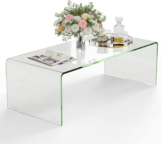 Tangkula Glass Coffee Table, 42.5" L × 20" W ×14" H, Modern Home Furniture, 0.47" Clear Tempered Glass End Table, International Occasion Tea Table, Waterfall Table with Rounded Edges (Clear)